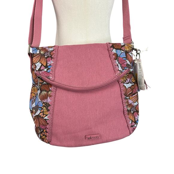 NWT Sakroots Artist Circle Fold Over Crossbody Shoulder bag Mulberry Butterfly - Picture 4 of 12